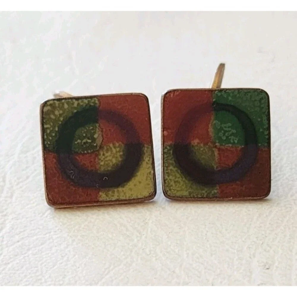MCM Cufflinks Enamel Copper Artisan Modernist Abstract Green .75